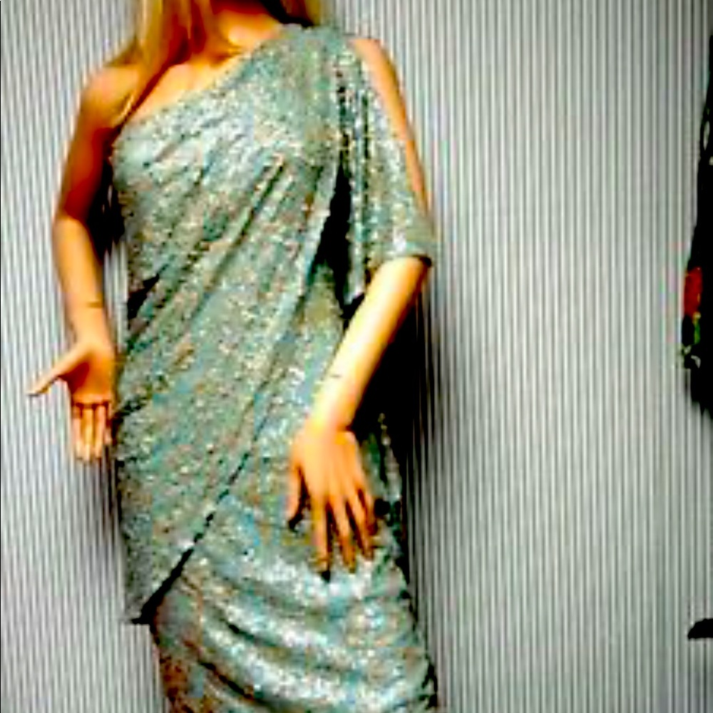 Badgley Mischka teal gold sequins cocktail dress size 4